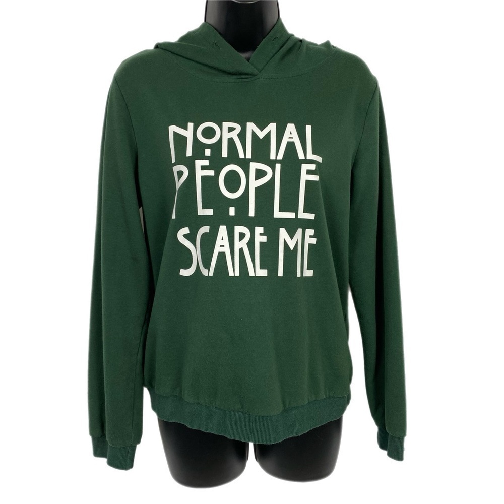 Normal People Scare Me Screen Printed L/S Hoodie T-Shirt Size XS in Green